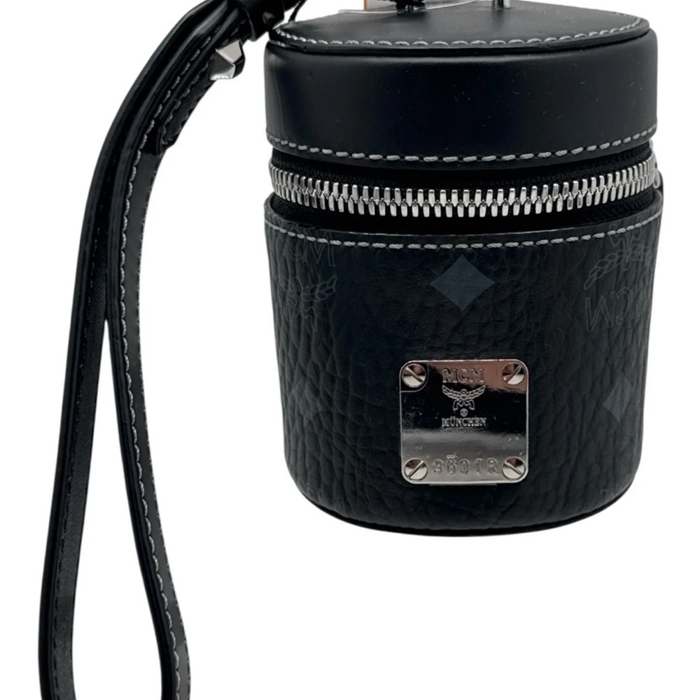 MCM Black & Gray Leather Cylinder Wristlet Silvertone Hardware Crossbody Bag